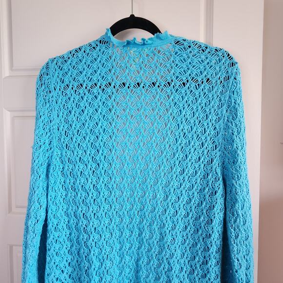 Sigrid Olsen Cardigan Sweater Womens Large Open Weave Aqua Blue Crochet - Picture 7 of 9